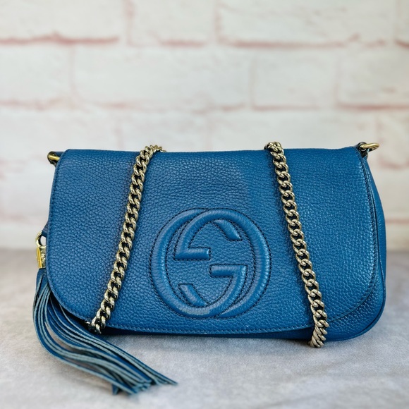 Gucci Handbags - Gucci Soho Blue Leather Flap Chain Crossbody